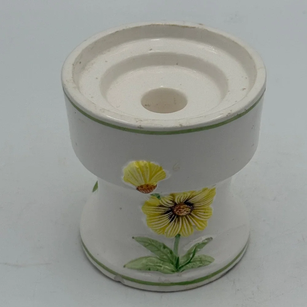 Vintage Ceramic Yellow Daisy Candle Holder Pedestal Taper Pillar Floral White